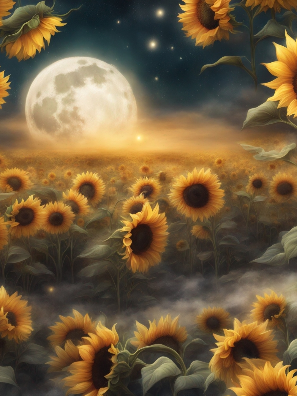 Sunflower Moonlit Field Art Print — Gold & Green
